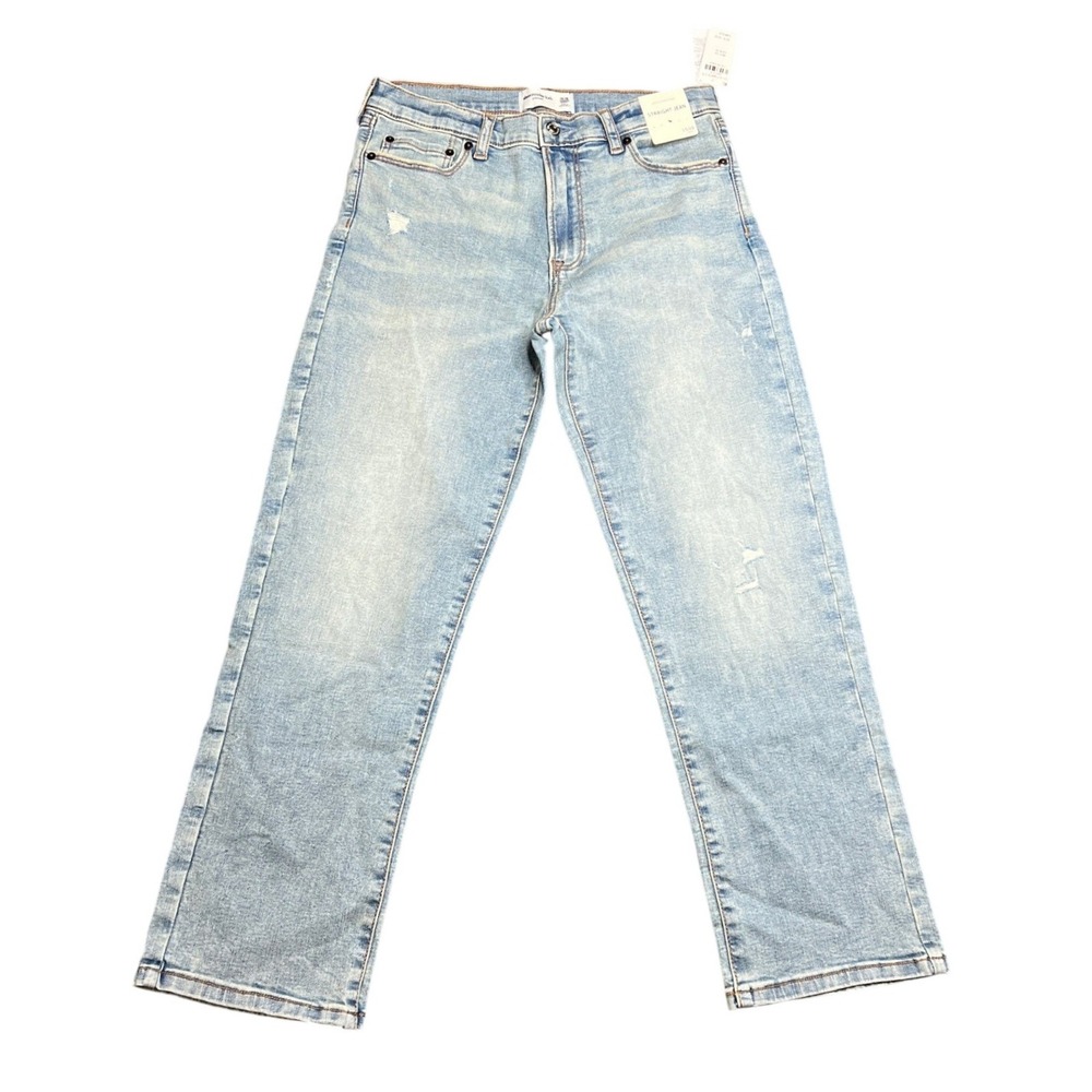 NWT Abercrombie Kids Straight Jeans Size 15/16 Short Light Wash Distressed Blue